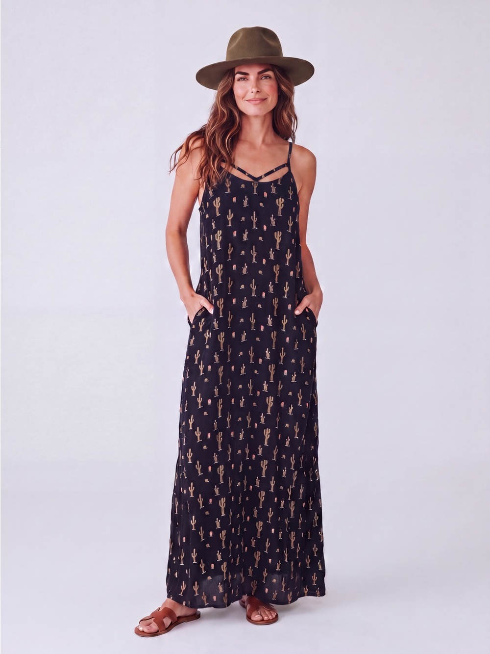 Boho Black Cactus-Print Spaghetti-Strap Maxi Dress dopamine vacation western